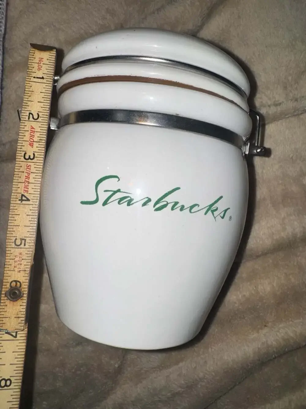 Starbucks White Ceramic Latch Top Lid Coffee Tea Canister Green Script Logo